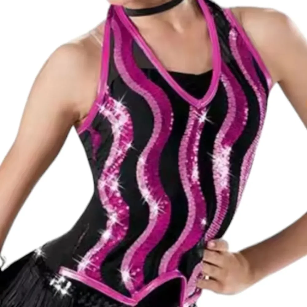 Girls Weissman Pink Sequin Halter Biketard Sleeveless Mesh Leotard Dance Costume